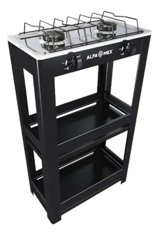 Parrilla de Gas AlfaMex 404-4 2 Quemadores con Estante Negra Inoxidable