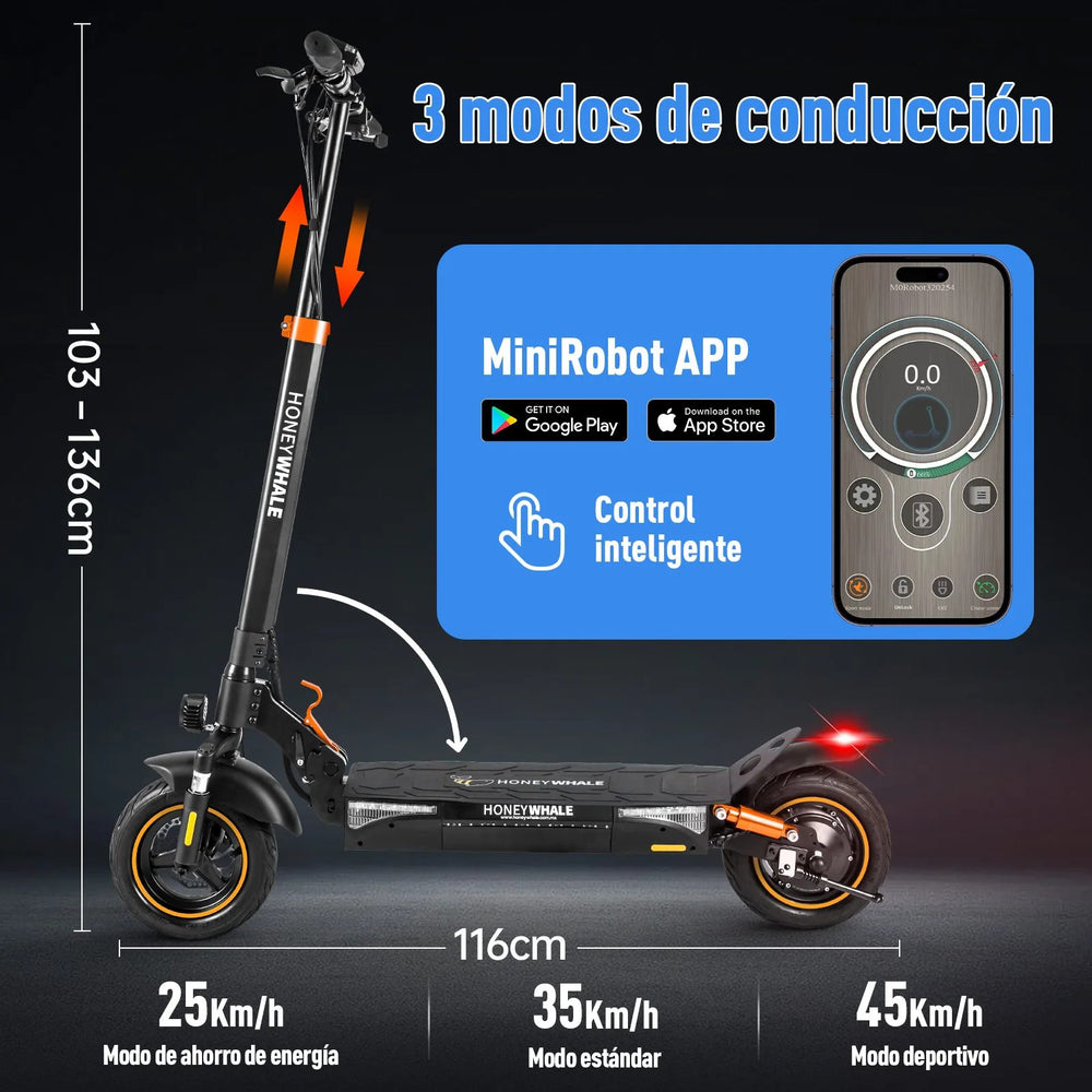 SCOOTER HONEY_WHALE T4A 600-750W VEL_MAX 45KM/H SOPORTE_120KG ALUMINIO NEGRO/NARANJA - Ekar de Gas
