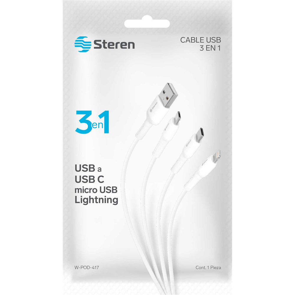 Cable 3 en 1 Steren W-POD-417 Lightning Micro USB USB-C - Ekar de Gas
