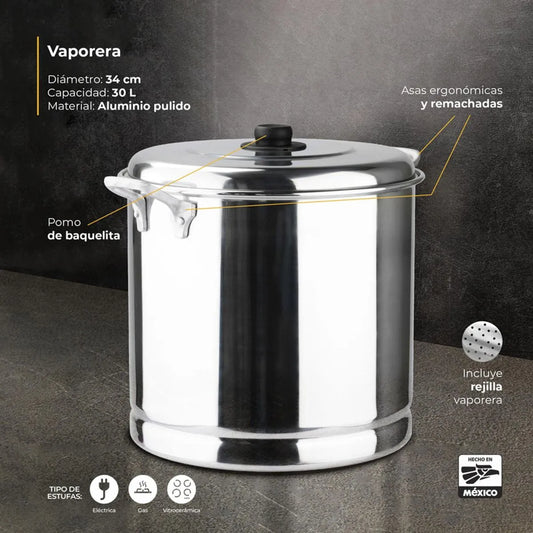 Vaporera vasconia 4020199 34cm 30lt tapa ciega aluminio