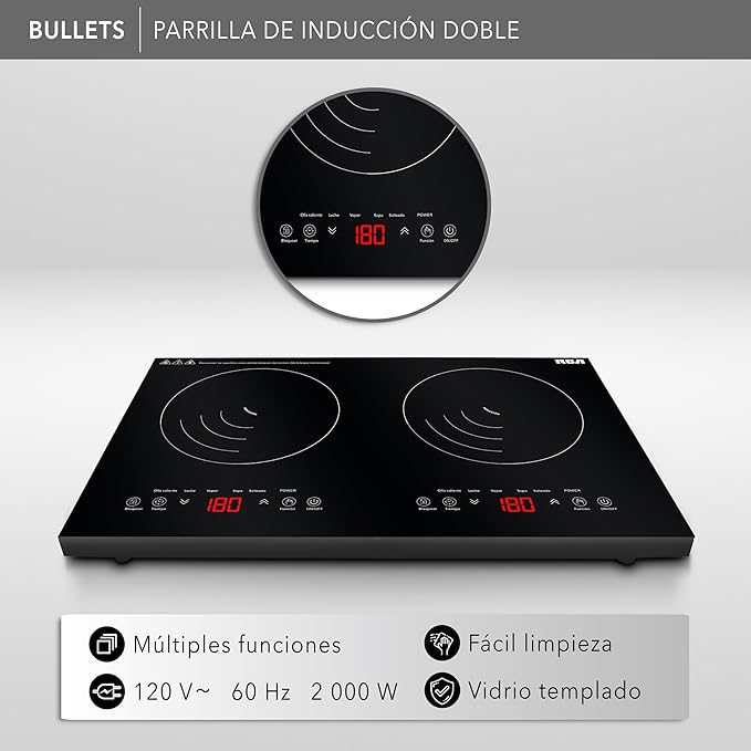 PARRILLA RCA RC-12A4 INDUCCIóN 2QUEMADORES 2000W 8NIVELES 5FUNCIONES - Ekar de Gas