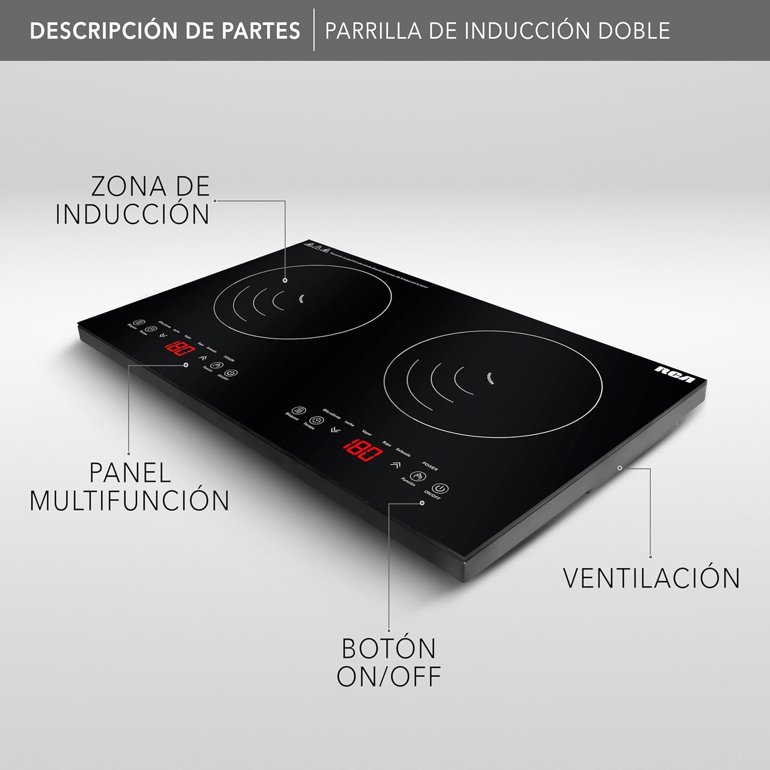 PARRILLA RCA RC-12A4 INDUCCIóN 2QUEMADORES 2000W 8NIVELES 5FUNCIONES - Ekar de Gas
