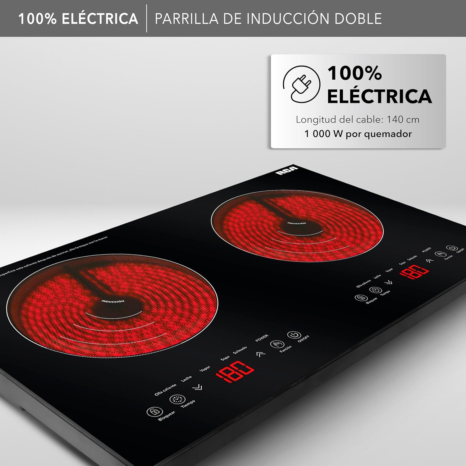 PARRILLA RCA RC-12A4 INDUCCIóN 2QUEMADORES 2000W 8NIVELES 5FUNCIONES - Ekar de Gas