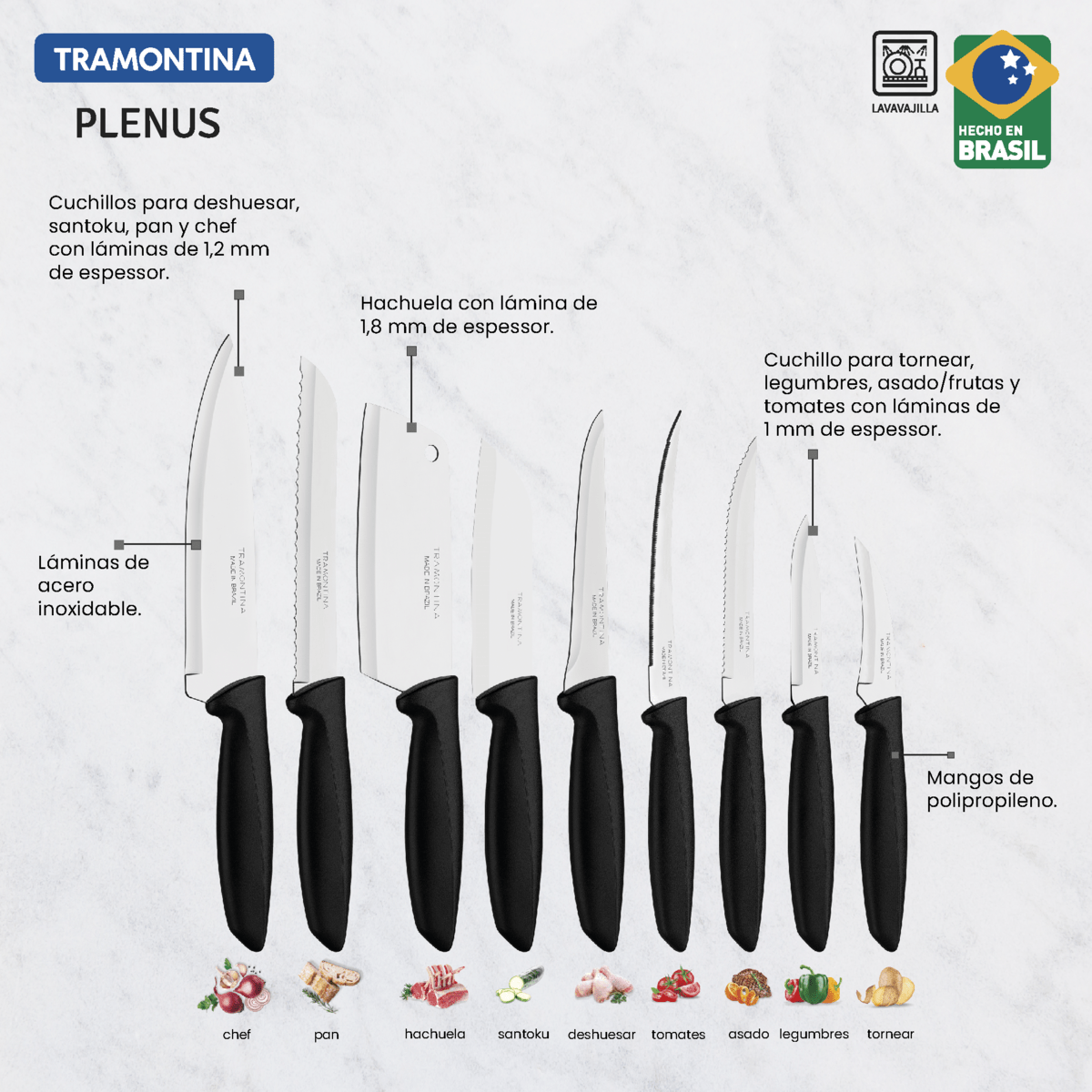 Cuchillo Tramontina 23498053 plenus 3piezas negro