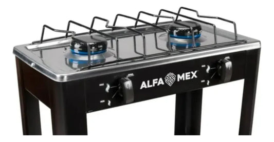 Parrilla de Gas AlfaMex 404-4 2 Quemadores con Estante Negra Inoxidable