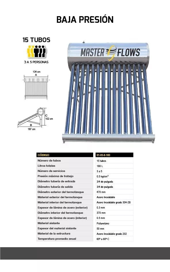Calentador solar Master flows 01050163 15tubos 3 a 5servicios - Ekar de Gas