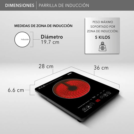 PARRILLA RCA RC-12A3 INDUCCIí“N 1QUEMADOR 1200W NEGRO 8NIVELES 6FUNCIONES