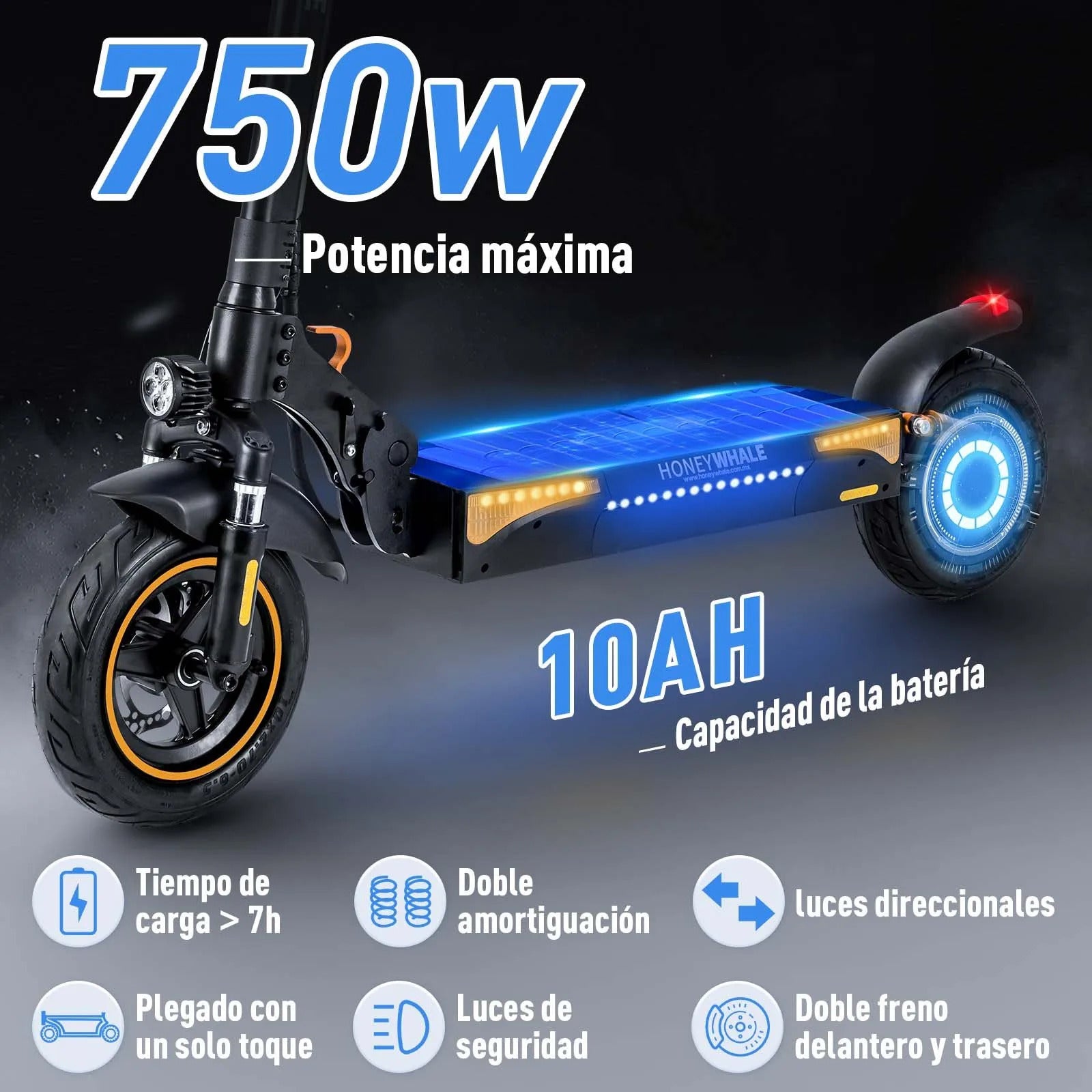 SCOOTER HONEY_WHALE T4A 600-750W VEL_MAX 45KM/H SOPORTE_120KG ALUMINIO NEGRO/NARANJA - Ekar de Gas