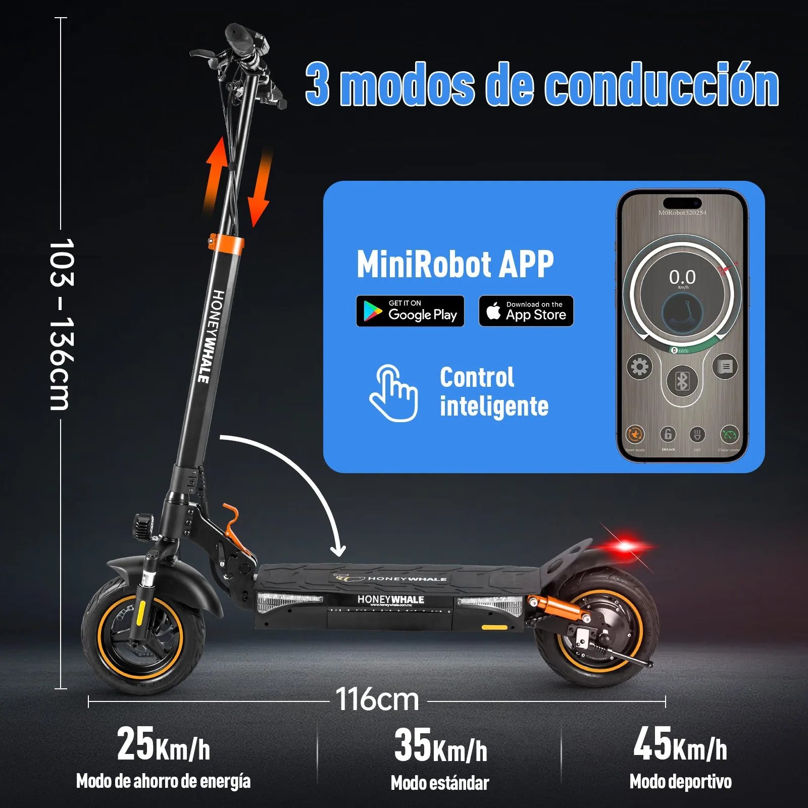 SCOOTER HONEY_WHALE T4A 600-750W VEL_MAX 45KM/H SOPORTE_120KG ALUMINIO NEGRO/NARANJA - Ekar de Gas